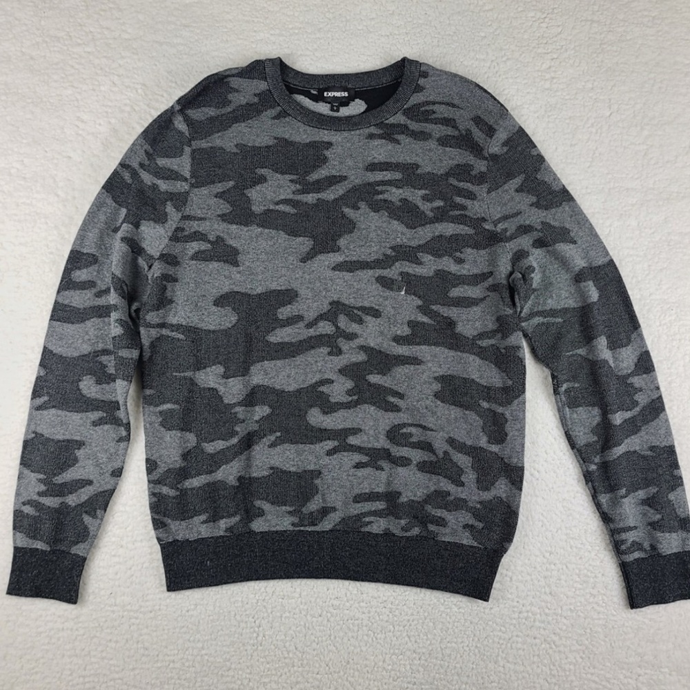 Express Gray Crewneck Sweater with Camouflage Design